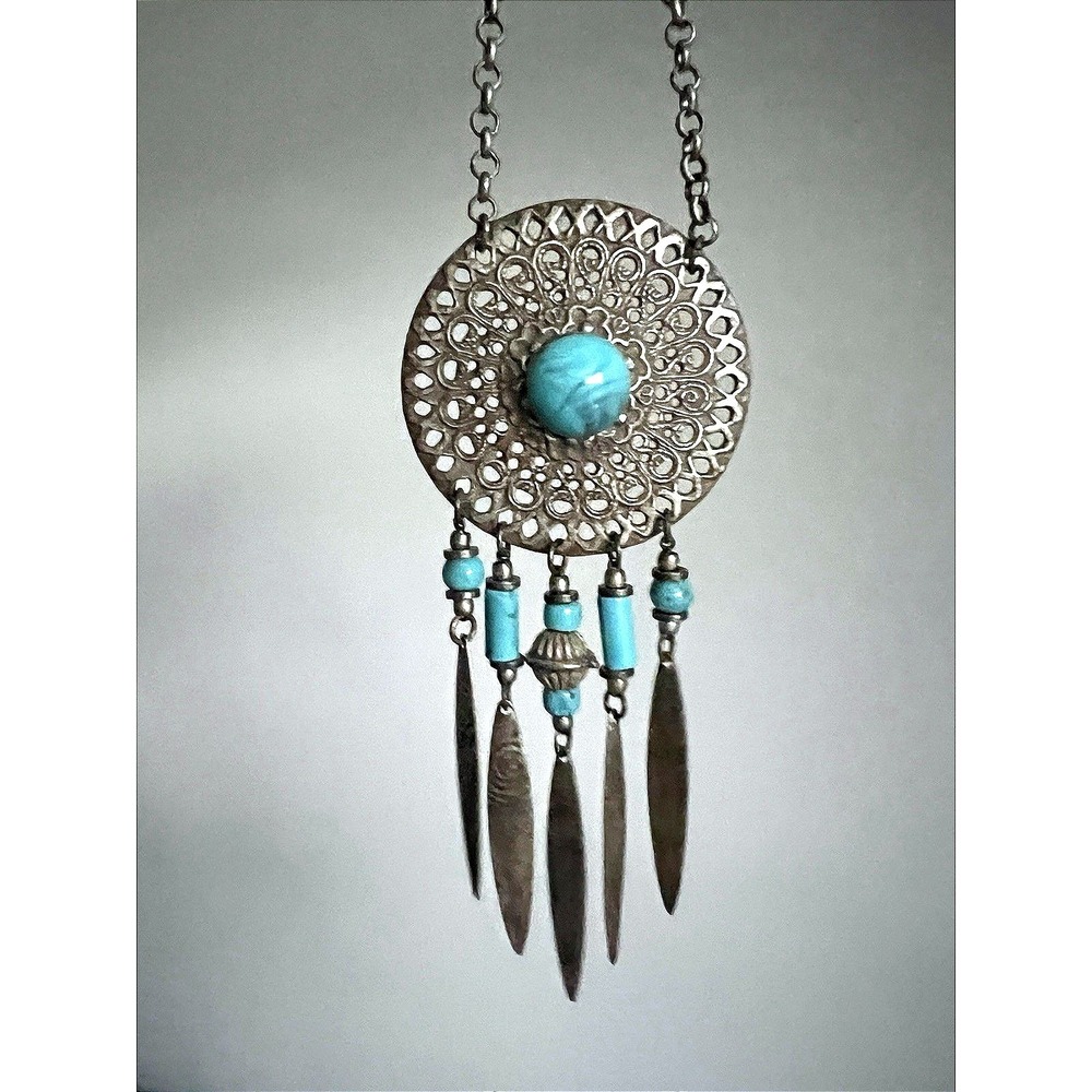 Boho Turquoise Tone Jewelry Set Necklace Earrings Ring Statement Tribal